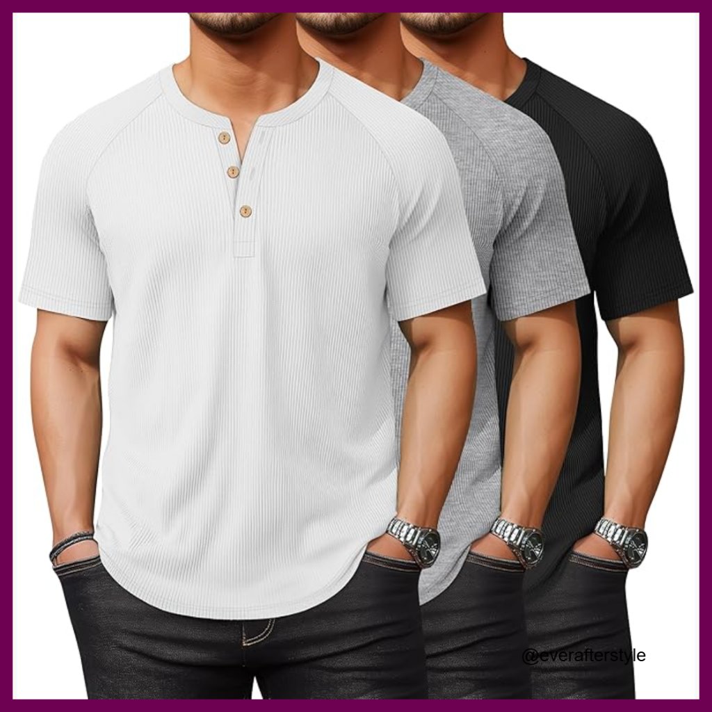 Men's Ribbed Henley Shirts Short Sleeve Raglan Casual T-Shirts Button Placket